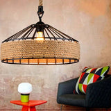 Lampara circular diseño colgante de hierro y cuerda de yute