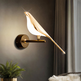 Aplique de pared moderno LED con diseño de pájaro giratorio para dormitorio dorado