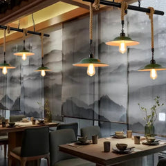 Lámpara colgante verde oscuro con cuerda de yute estilo industrial retro