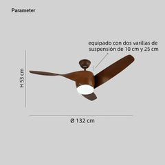 Ventilador de techo con luz 3 aspas diseño nórdico LED silencioso motor DC 132 cm salón