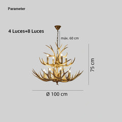 Lámpara araña rústica de cuernos de ciervo con múltiples luces para salón
