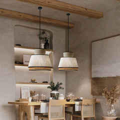 Lámpara de Tela Colgante LED de Ratán Estilo Japonés para Comedor