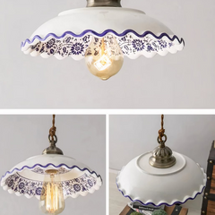 Lámpara Colgante Cerámica Blanca Vintage Estampada Azul para Comedor