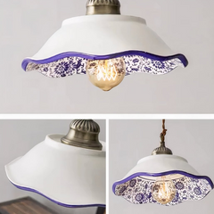Lámpara Colgante Cerámica Blanca Vintage Estampada Azul para Comedor