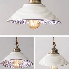 Lámpara Colgante Cerámica Blanca Vintage Estampada Azul para Comedor
