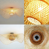 Lámpara de techo de ratán LED boho natural forma sombrero para dormitorio