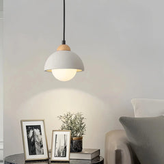 Lámpara colgante de cemento y madera Japandi LED para mesilla de noche