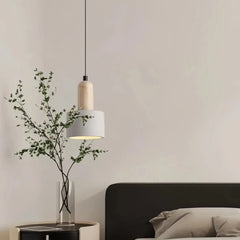 Lámpara colgante de cemento y madera Japandi LED para mesilla de noche