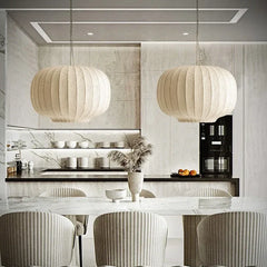 Lampara colgante tela blanca diseño en forma de farol para comedor