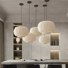 Lampara colgante tela blanca diseño en forma de farol para comedor