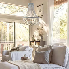 Lampara colgante blanco y madera de cuentas de madera elegante