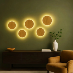 Aplique pared redondo de madera LED estilo nórdico para salón