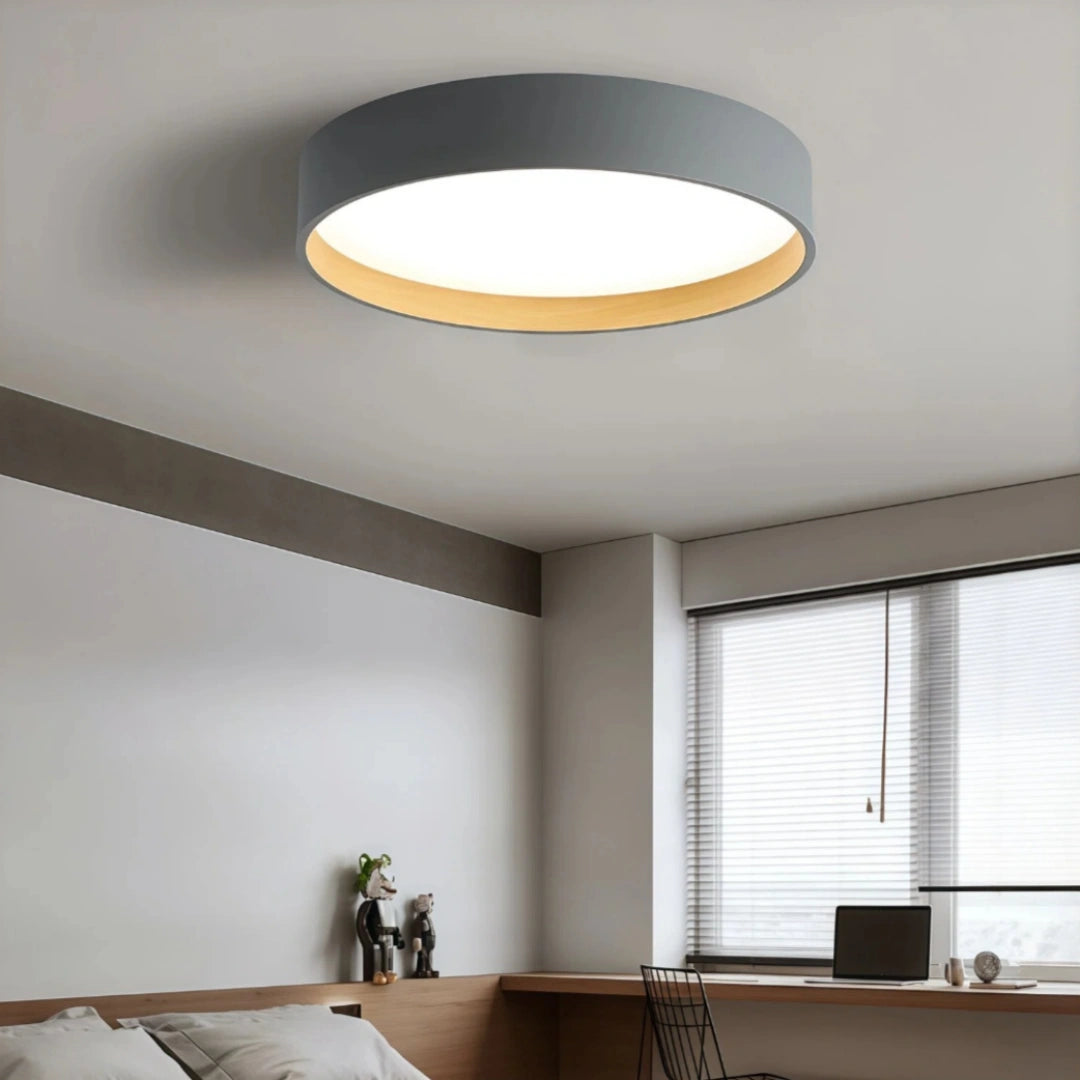 Plafón circular moderno LED de metal con efecto madera para dormitorio