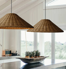 Lámparas de Mimbre Colgantes LED Vintage Forma Sombrero para Comedor