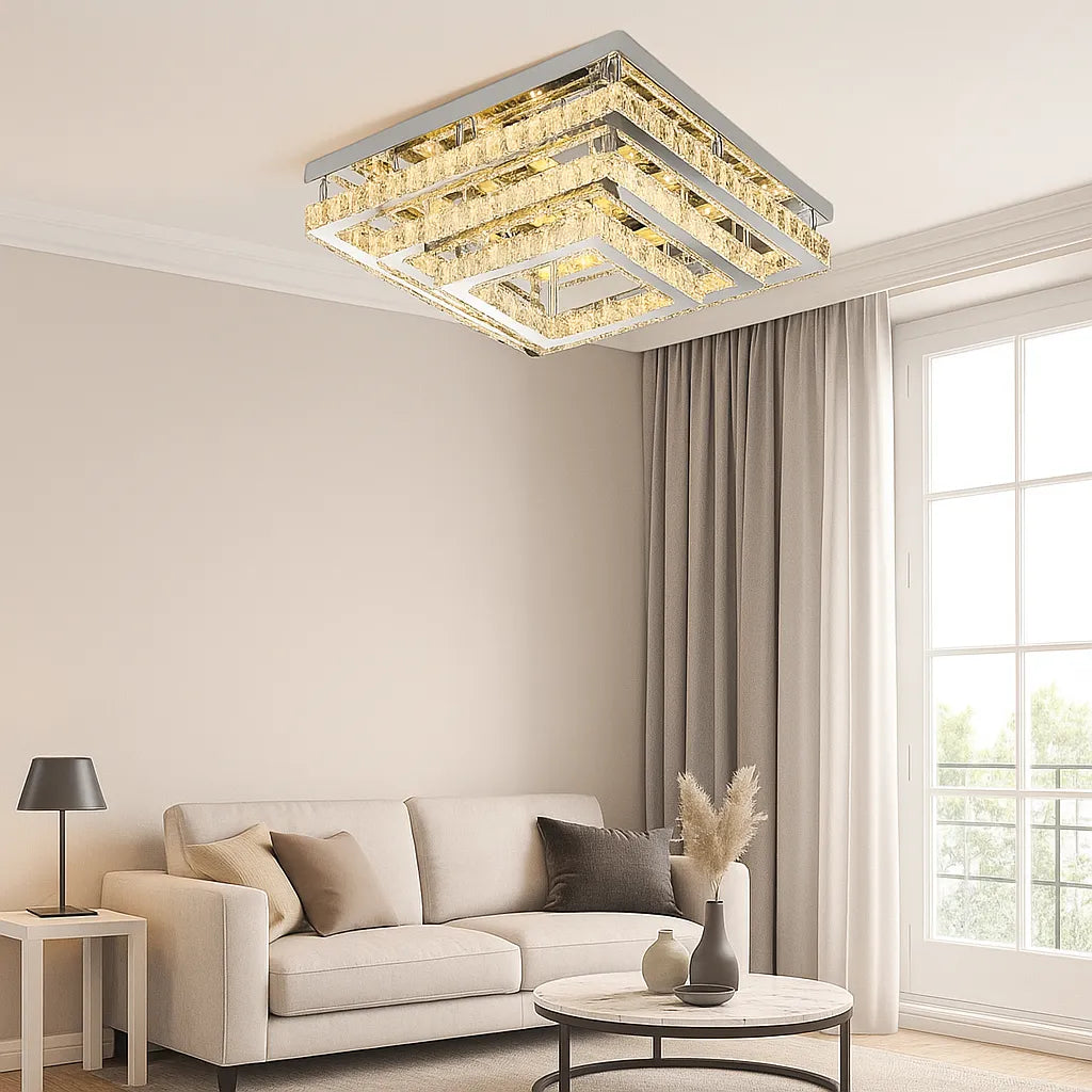 Lámpara De Cristal De Techo Moderna Cuadrada De Tres Niveles Con Luz Regulable Para Salón