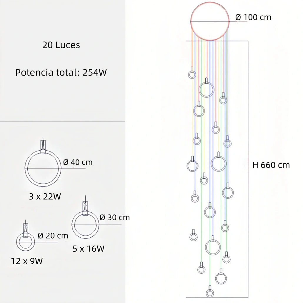 Lámpara colgante de anillos nórdica LED regulable de madera para escalera