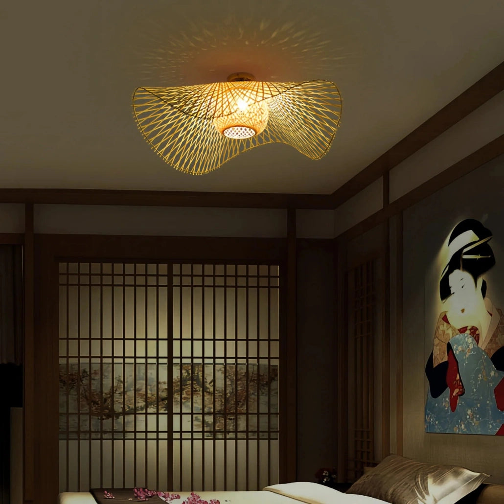 Lámpara de techo de ratán LED boho natural forma sombrero para dormitorio