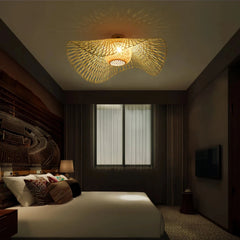 Lámpara de techo de ratán LED boho natural forma sombrero para dormitorio