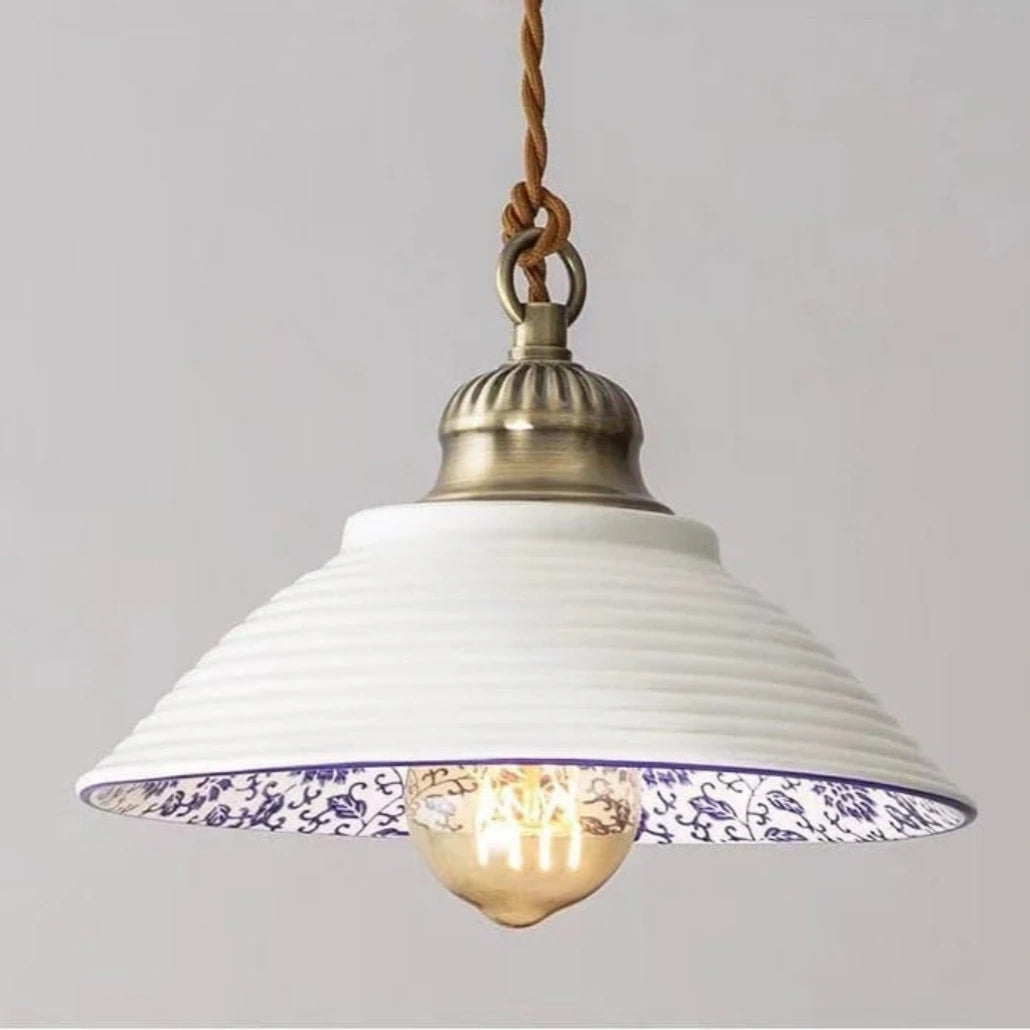 Lámpara Colgante Cerámica Blanca Vintage Estampada Azul para Comedor