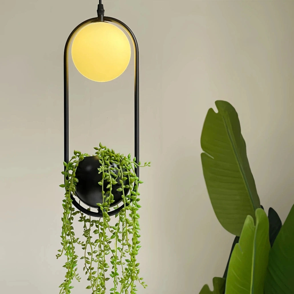 Lámpara LED con Plantas Colgantes de Diseño Nórdico Ovalada Negra para Comedor