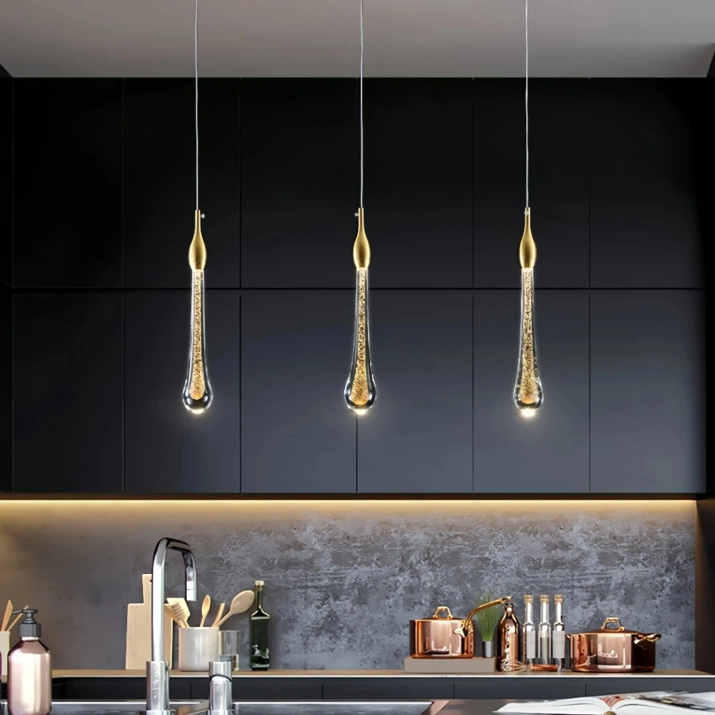 Lámpara colgante gotas de cristal LED dorada de estilo moderno