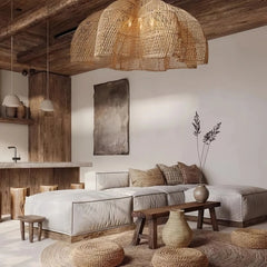 Lámpara colgante de ratán con pétalos estilo boho para comedor