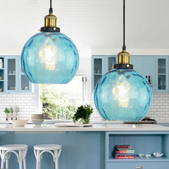 Lámpara colgante bola de cristal LED azul regulable en altura para comedor