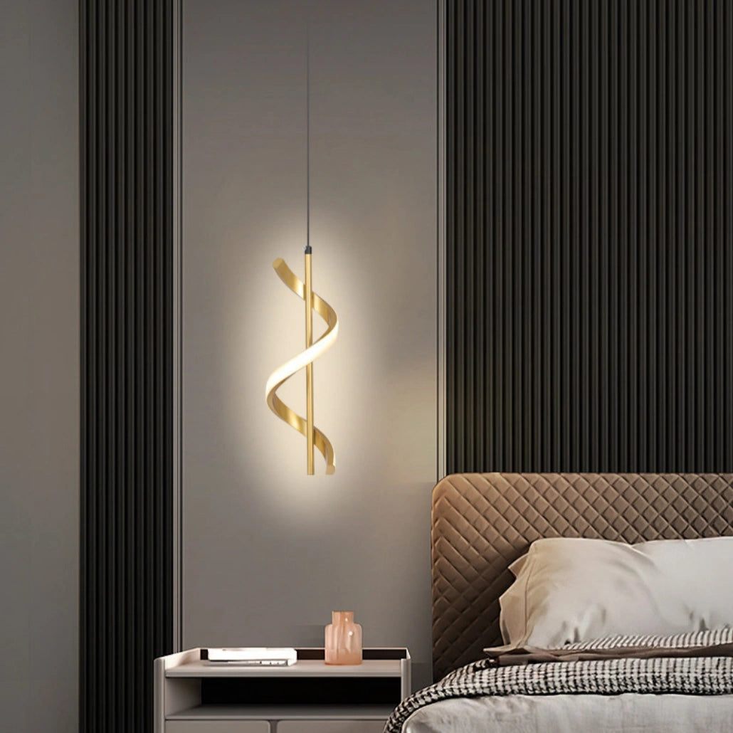 Lámpara colgante espiral dorada LED moderna para mesita de noche
