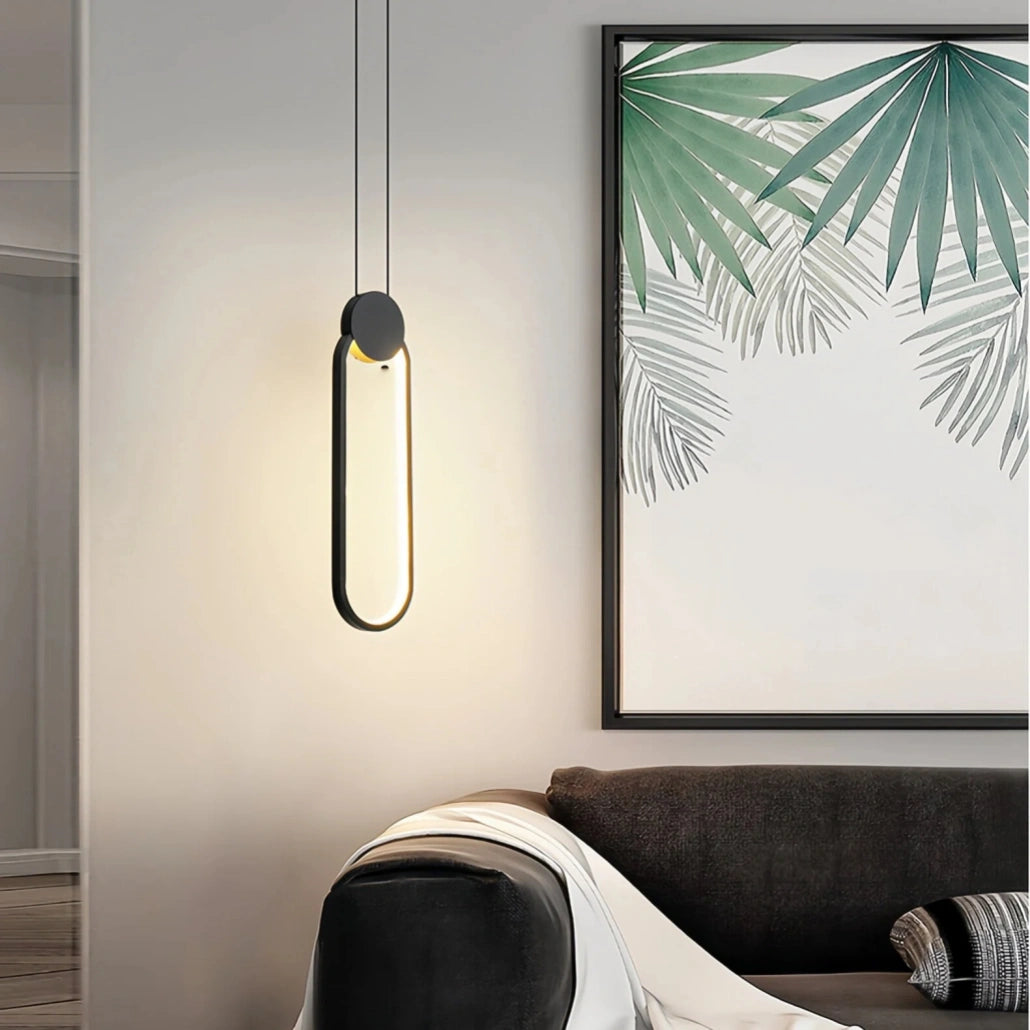 Lámpara colgante ovalada LED negra regulable de estilo moderno para dormitorio