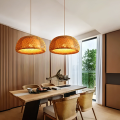 Lámpara Colgante de Bambú LED Estilo Retro Chino en Forma de Sombrero para Comedor