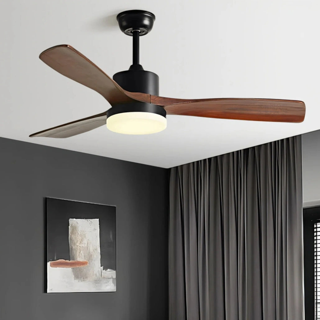 Ventilador de techo con luz LED acabado madera 3 aspas 6 velocidades modo verano/invierno