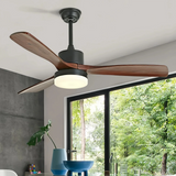 Ventilador de techo con luz LED acabado madera 3 aspas 6 velocidades modo verano/invierno