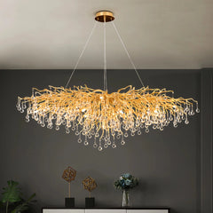 Lámpara de araña de cristal LED dorada de diseño lágrima para comedor