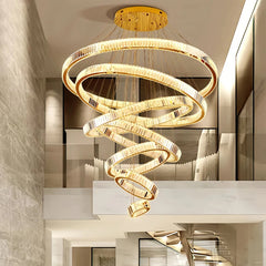 Lámpara colgante anillo de cristal dorado para escalera de lujo