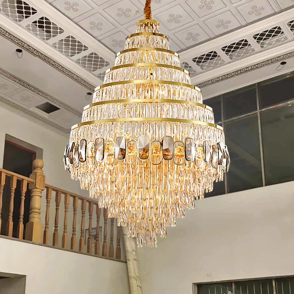 Lámpara de araña de cristal K9 con LED dorada para escalera de lujo
