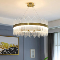 Lámpara colgante circular de cristal dorada regulable para salón moderno