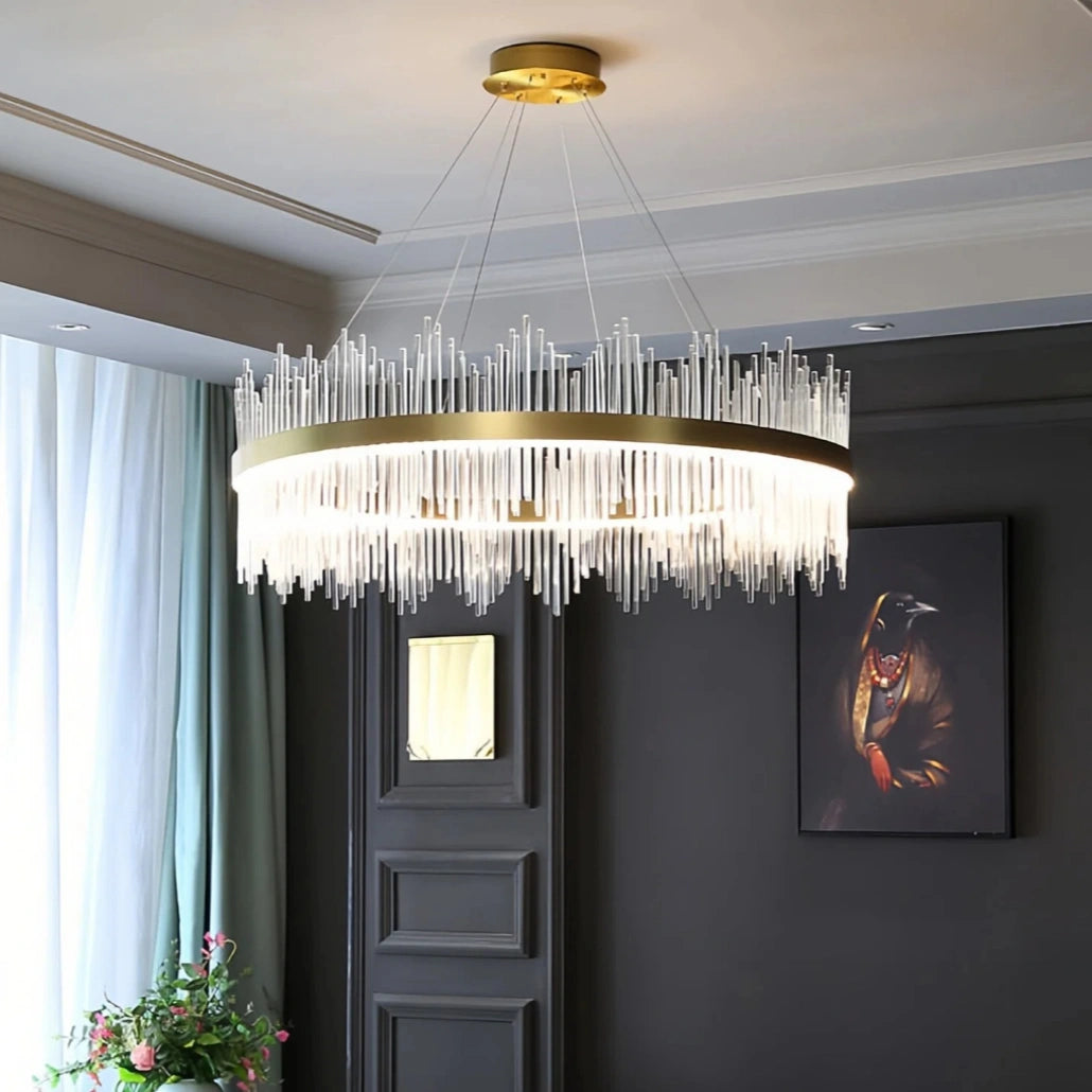 Lámpara colgante circular de cristal dorada regulable para salón moderno