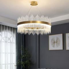 Lámpara colgante circular de cristal dorada regulable para salón moderno