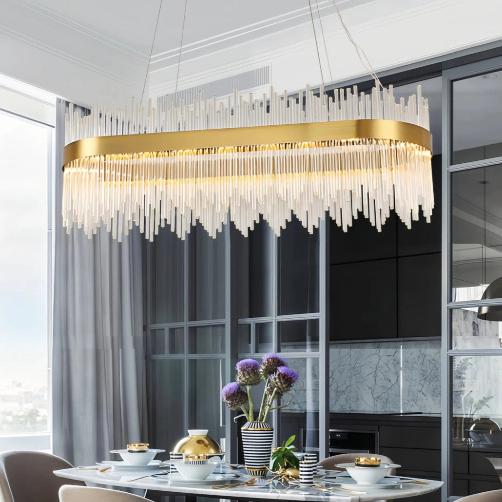 Lámpara colgante ovalada de cristal dorada regulable para comedor moderno