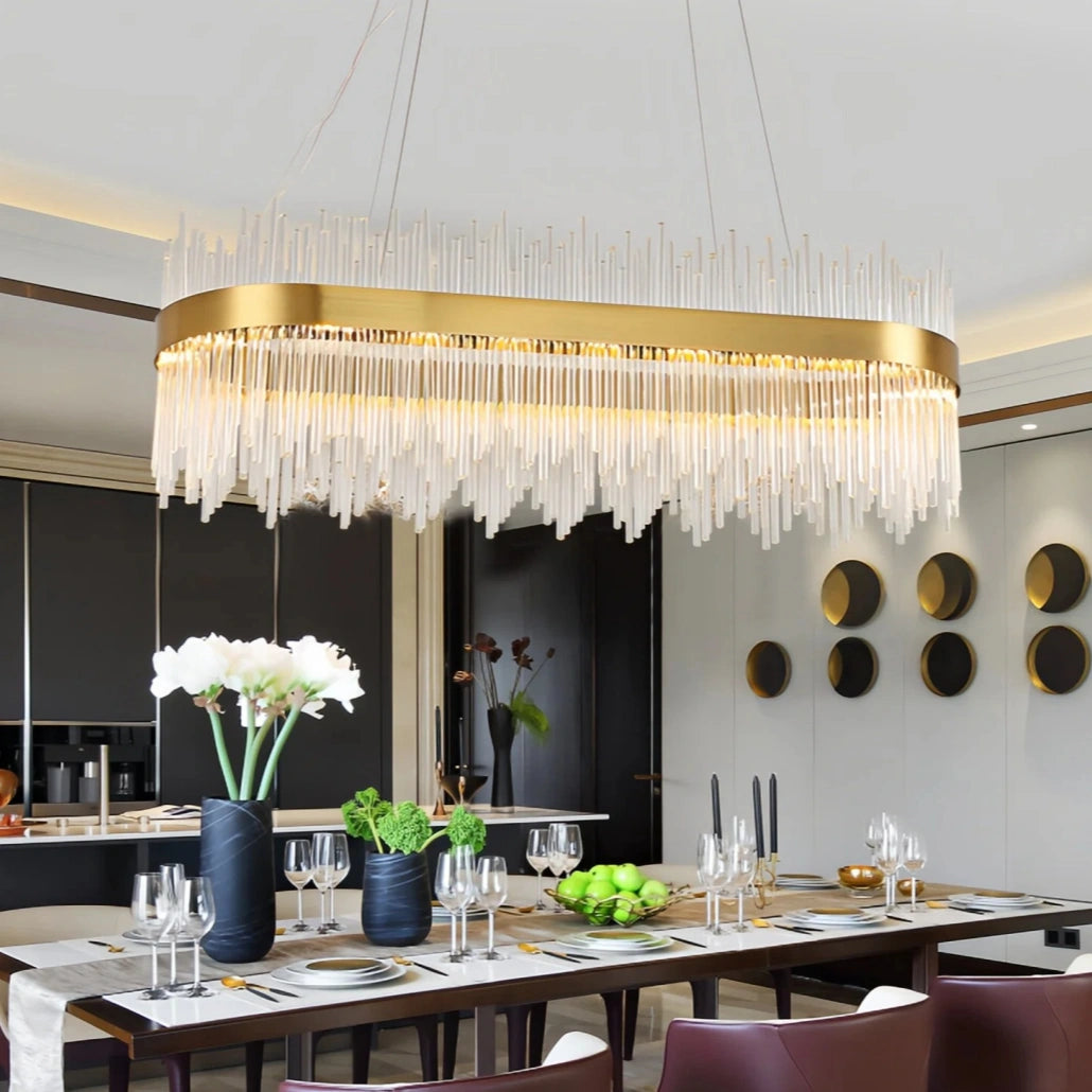 Lámpara colgante ovalada de cristal dorada regulable para comedor moderno