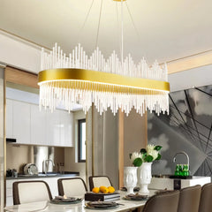 Lámpara colgante ovalada de cristal dorada regulable para comedor moderno