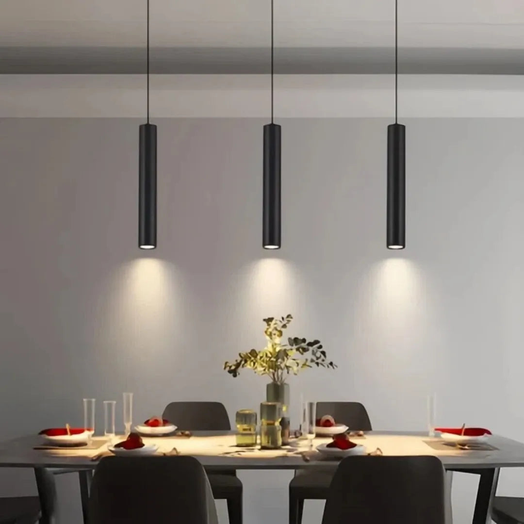 Lámpara colgante cilíndrica negra minimalista regulable en altura para comedor