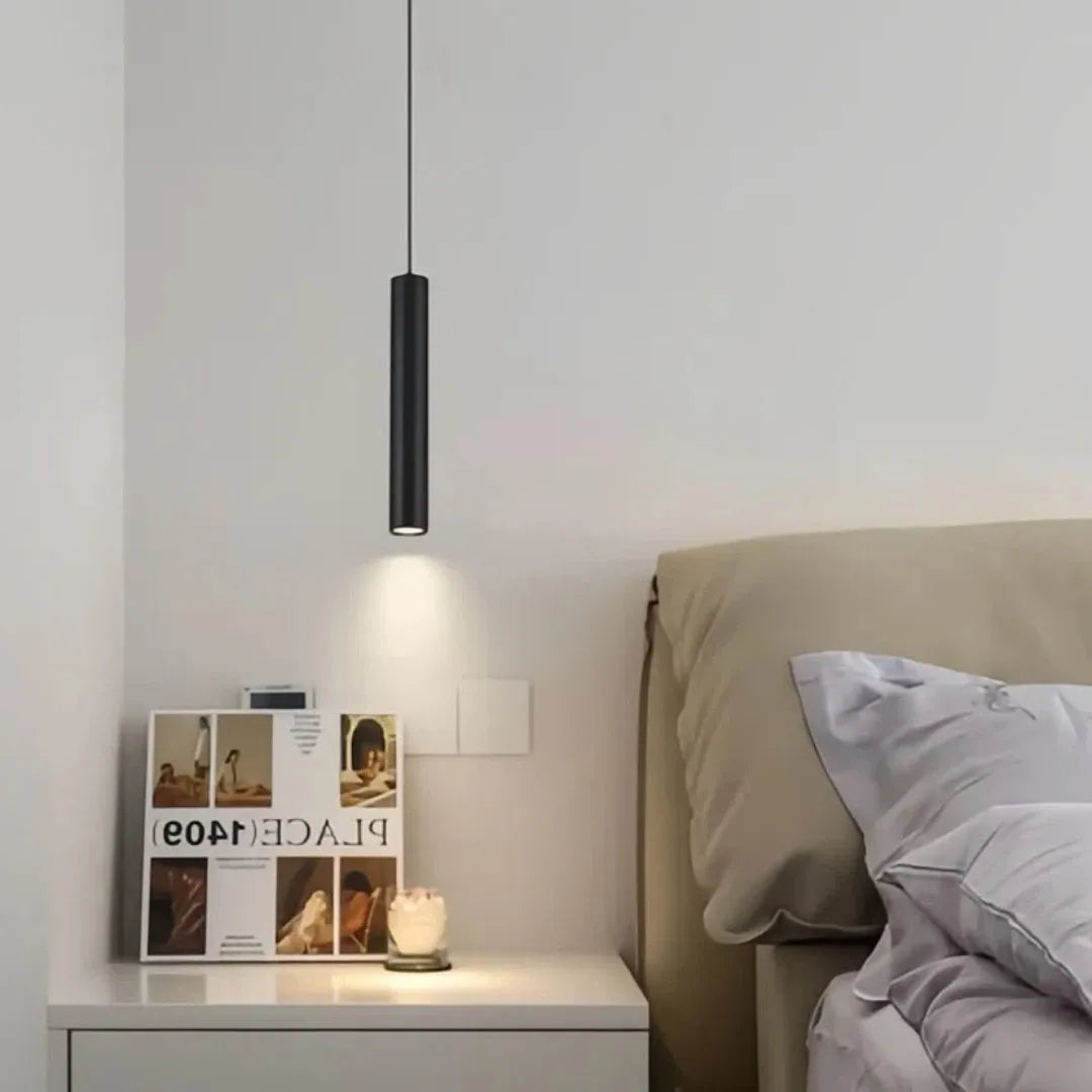 Lámpara colgante negra cilíndrica minimalista regulable en altura para comedor