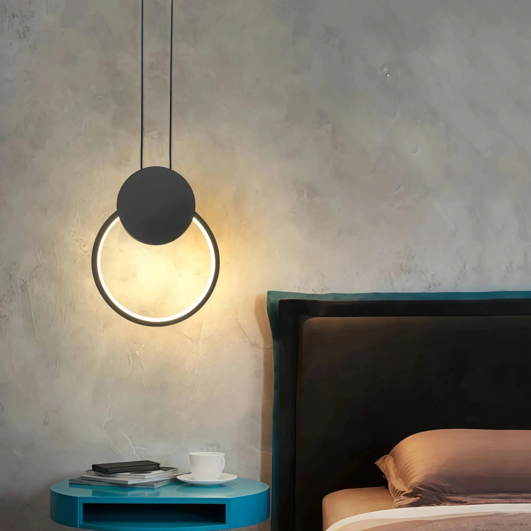 Lámpara colgante de anillo minimalista LED negra para mesita de noche