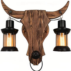 Aplique de pared rústico de madera cabeza de toro para salón