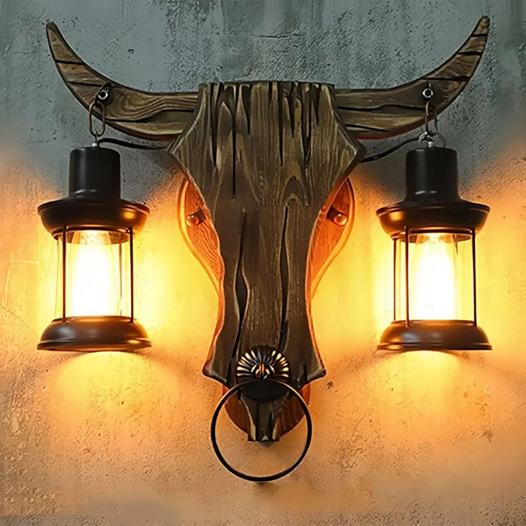 Aplique de pared rústico de madera cabeza de toro para salón