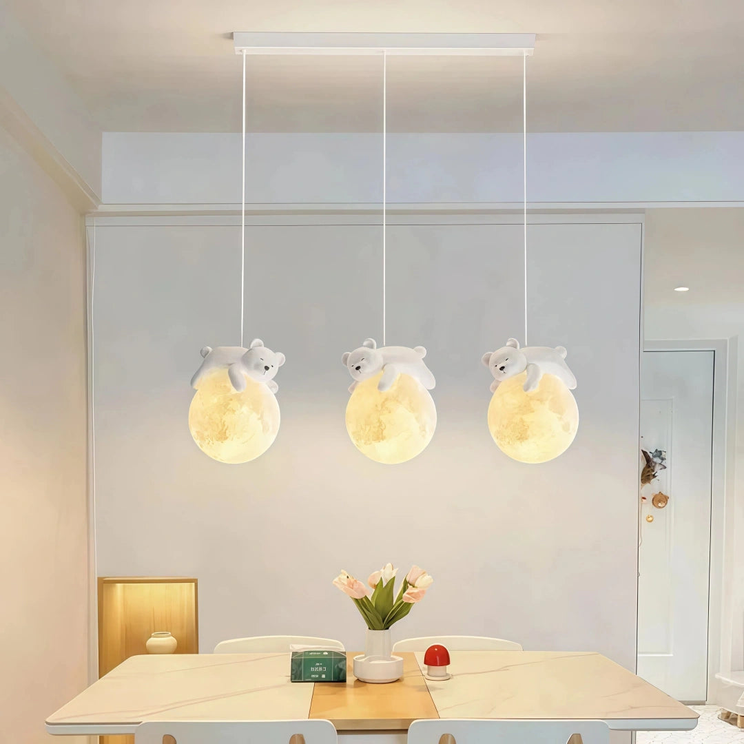 Lámpara colgante de tres luces LED infantil con diseño de osos y conejos para isla de cocina