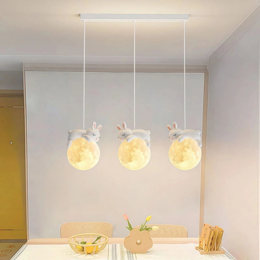 Lámpara colgante de tres luces LED infantil con diseño de osos y conejos para isla de cocina