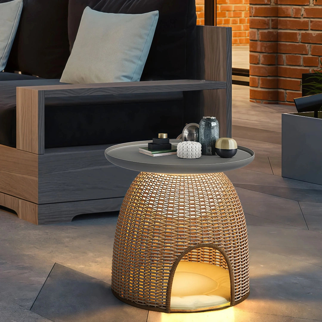 Lámpara de pie de ratán natural LED exterior para terraza con cama para gatos