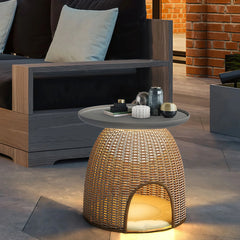 Lámpara de pie de ratán natural LED exterior para terraza con cama para gatos